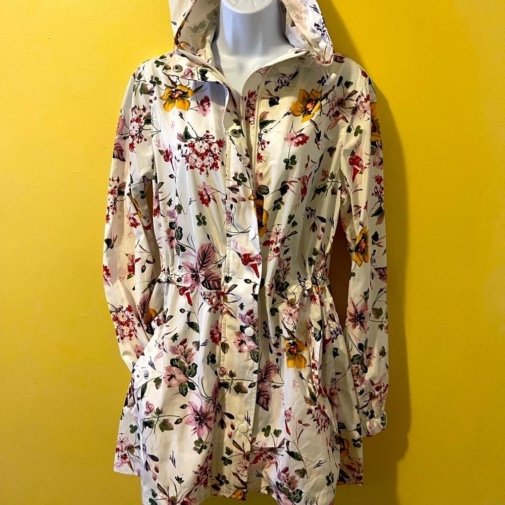 Floral rain resistant hooded jacket